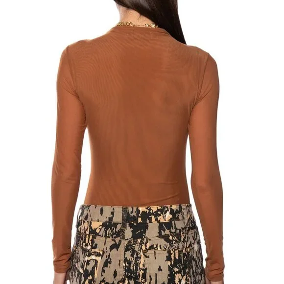 Plus Size Callie Sexy Mesh Long Sleeve Almond Brown Bodysuit 1X M - Picture 4 of 4
